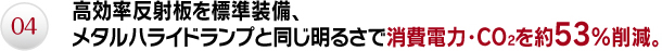 04.高効率反射板を標準装備、メタルハライドランプと同じ明るさで消費電力・CO2を約53％削減。